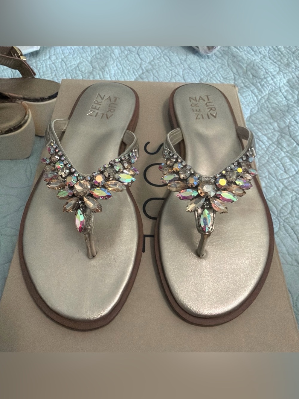 Naturalizer Metallic Taupe Jeweled Thong Sandals